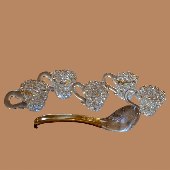 VINTAGE MINIATURE TEA CUPS AND SPOON HAND SPUN BLOWN GLASS WITH 22K GOLD OVERLAY - Picture 1 of 6